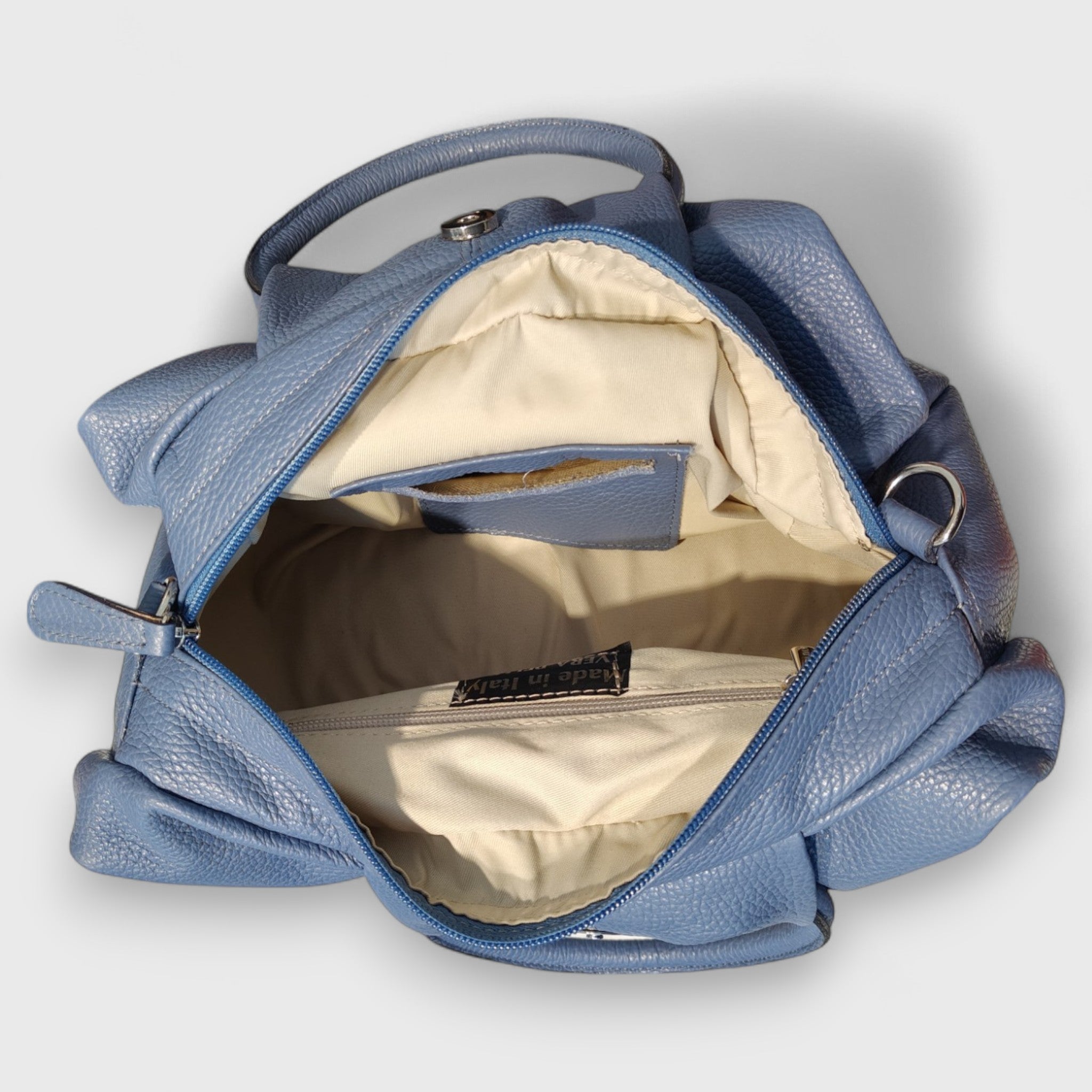 Pelletteria Pelle Nuda Milano, Artigianato Italiano, Vera pelle, Negozio borse donna, Frida azzurro